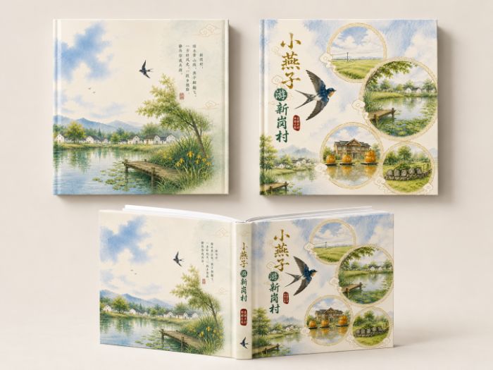 图为原创绘本《小燕子游戏新岗村》实体图