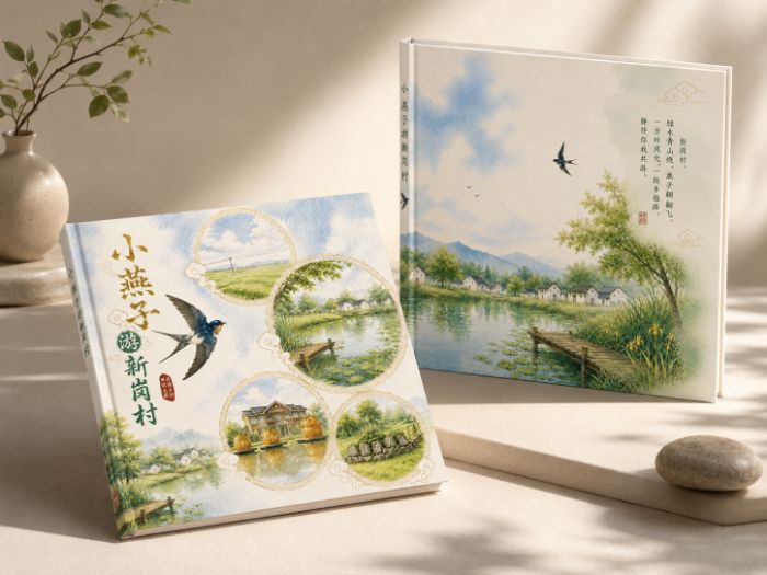 图为原创绘本《小燕子游戏新岗村》实体图