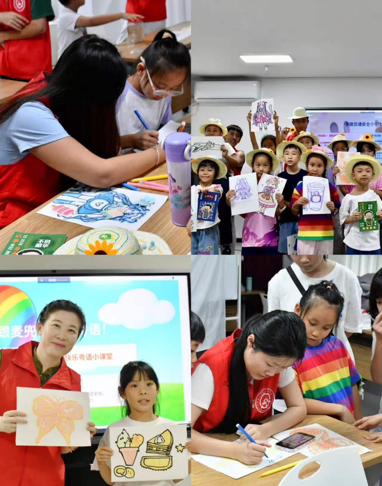 （图为：队员在粤语课堂上与小朋友互动及展示粤语课堂手工绘画作品）